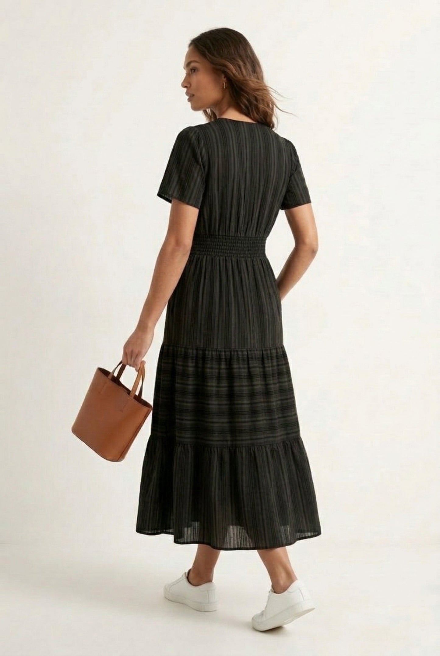Smocked Waist Long Dress – V-Neck, Puff Sleeves & Pockets