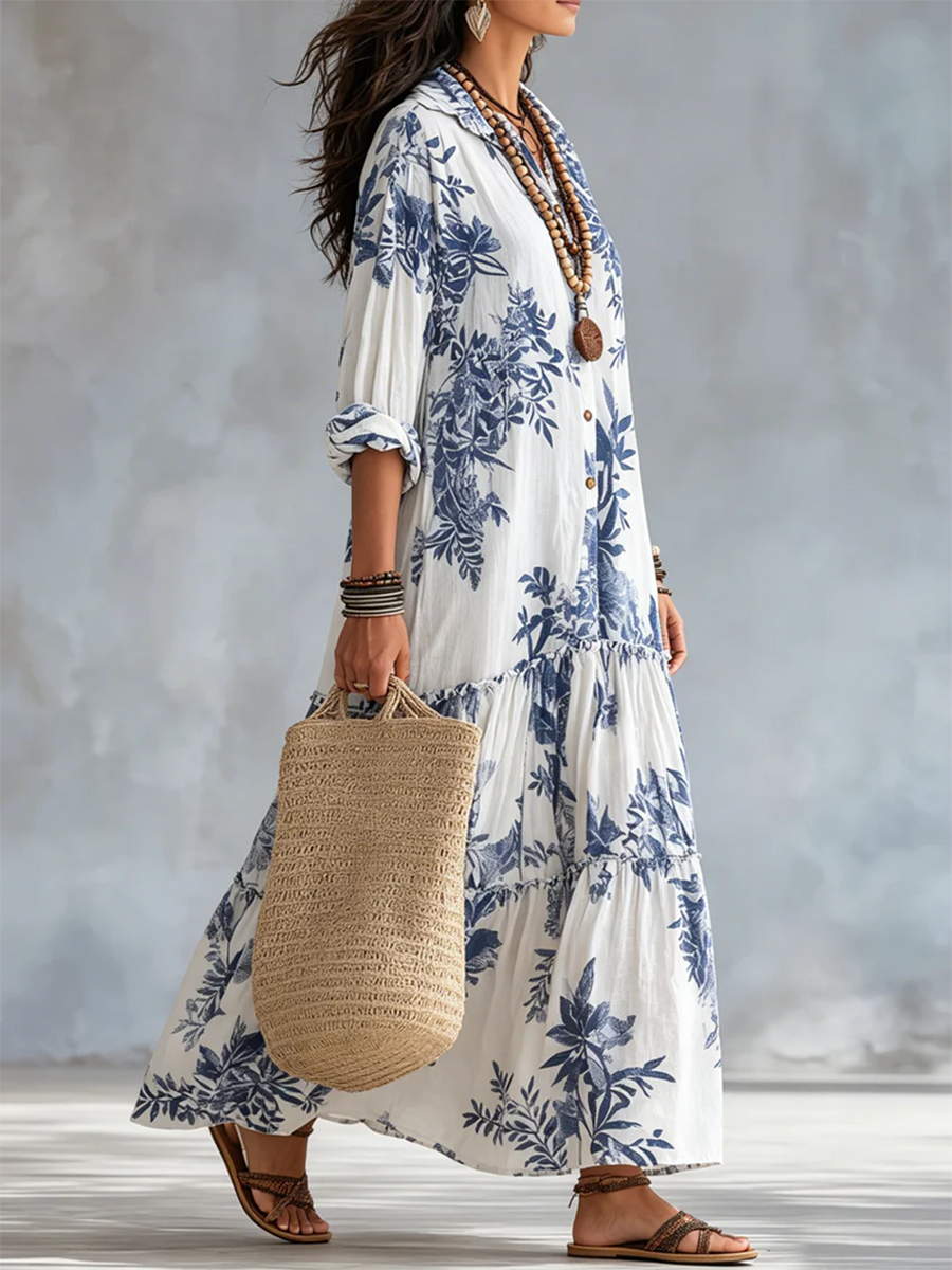 ✨Retro Boho Blue Floral Print Cotton Dress✨