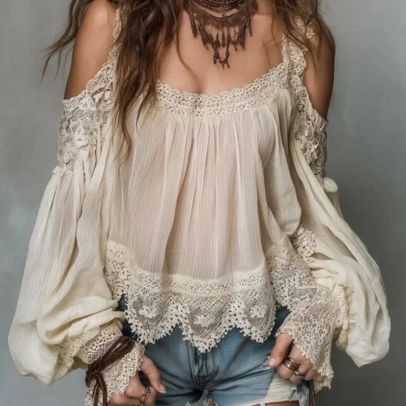 🌿🌿Women's Boho Lace Cold-Shoulder Blouse - Off-Shoulder Lantern Sleeve Loose Top