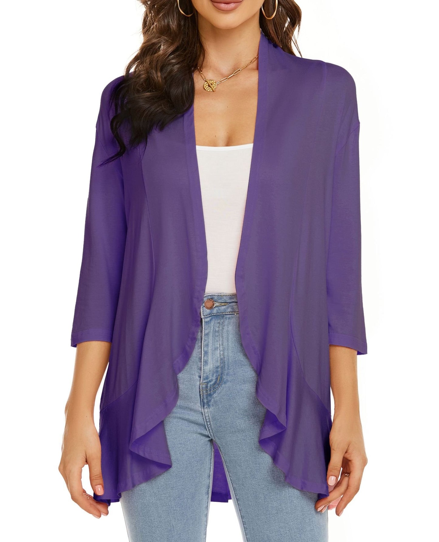 Lightweight Open Front Cardigan – Soft Rayon Blend, 3/4 Sleeve