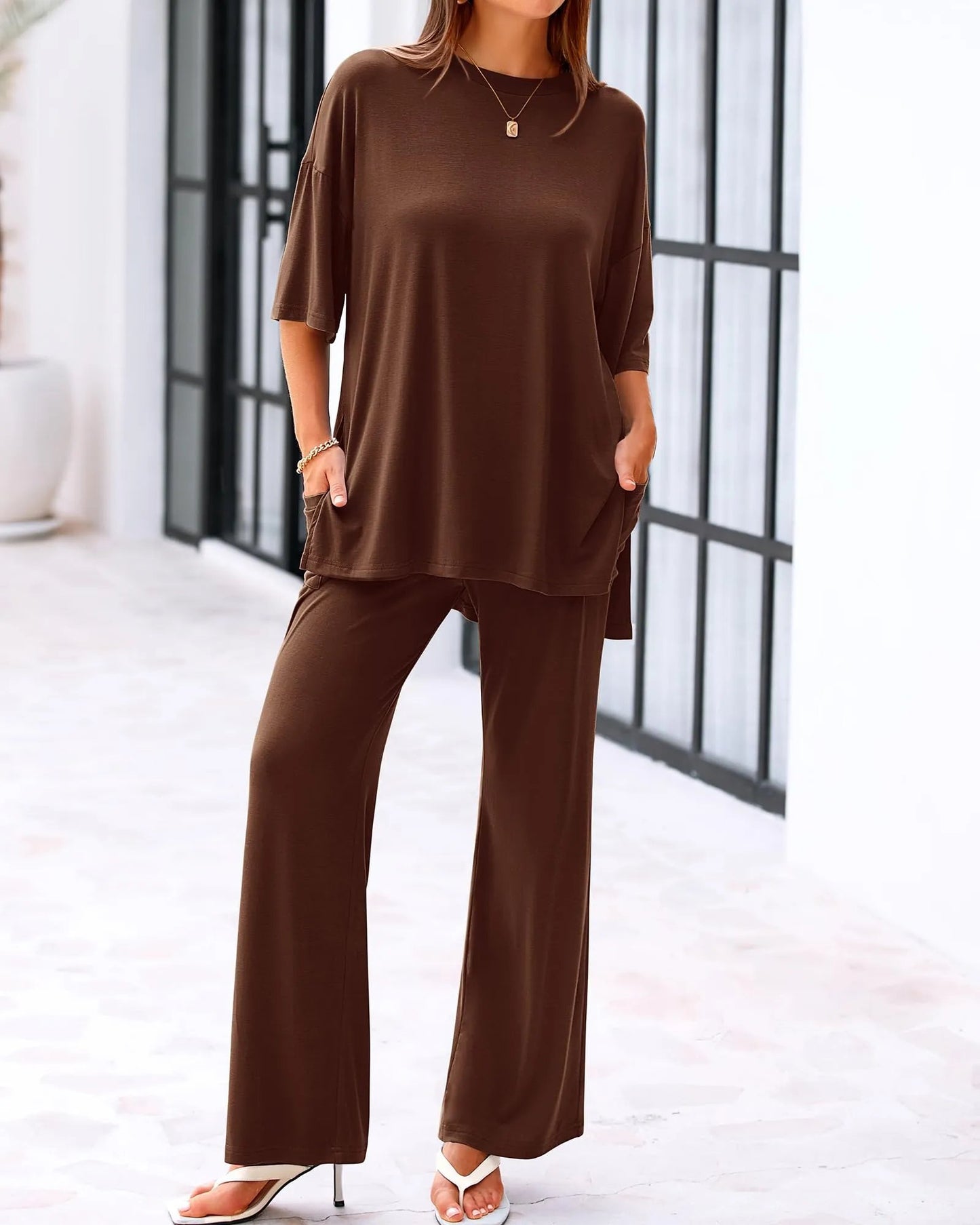 Loose-Fit 2-Piece Set – Short Sleeve Top & Wide-Leg Pants with Pockets