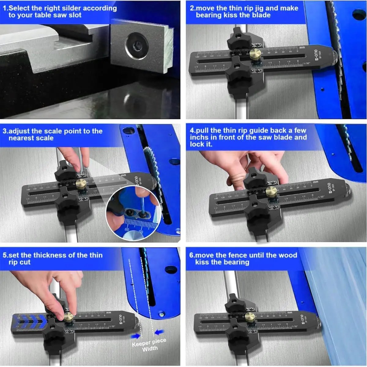 ✨Fast Thin Ripping Guide for Table Saw, Precise Repetitive Narrow Cuts, Adjustable Thin Rip Jig Fits 3/4" x 3/8" T-Track & Miter Slot, Band Saw & Router Table Compatible
