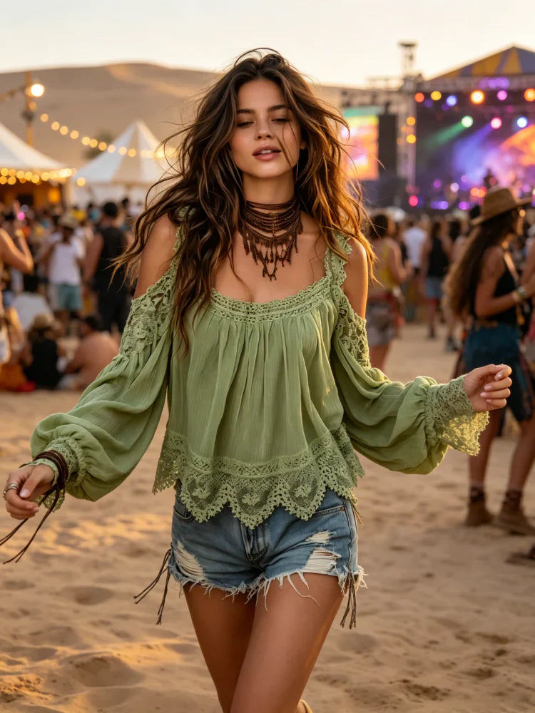 🌿🌿Women's Boho Lace Cold-Shoulder Blouse - Off-Shoulder Lantern Sleeve Loose Top