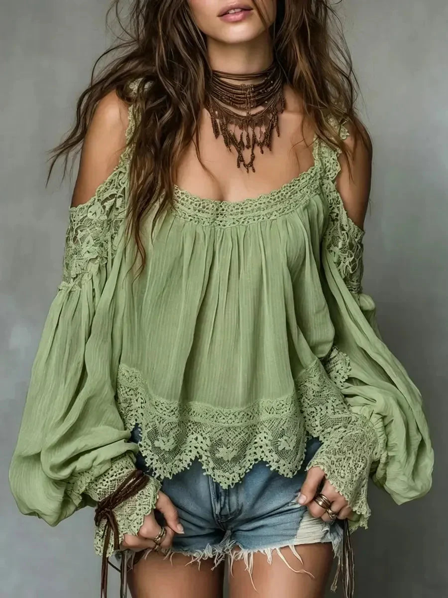 🌿🌿Women's Boho Lace Cold-Shoulder Blouse - Off-Shoulder Lantern Sleeve Loose Top