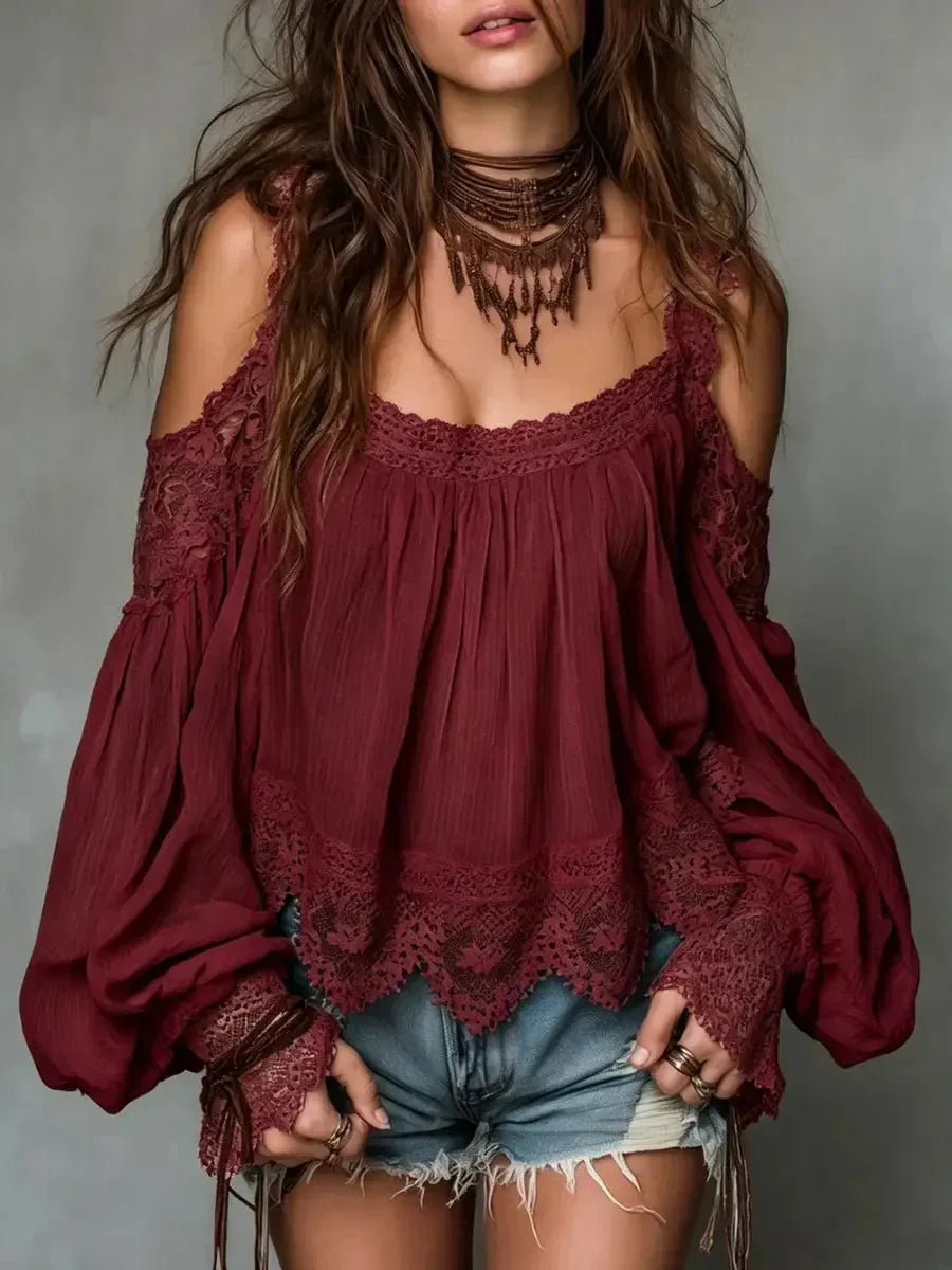 🌿🌿Women's Boho Lace Cold-Shoulder Blouse - Off-Shoulder Lantern Sleeve Loose Top