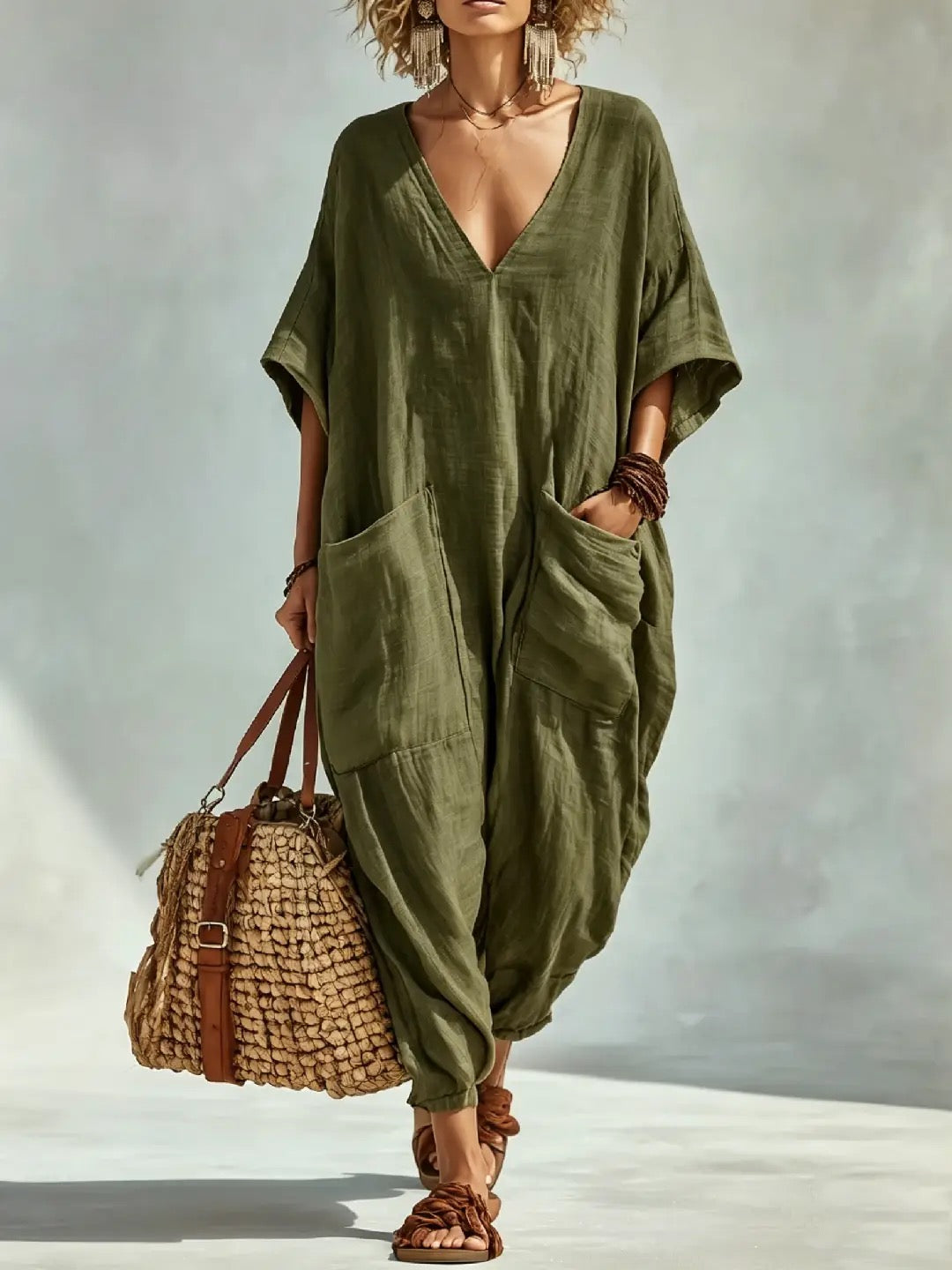 ✨Oversized Linen-look Cotton V-neck Harem Jumpsuit