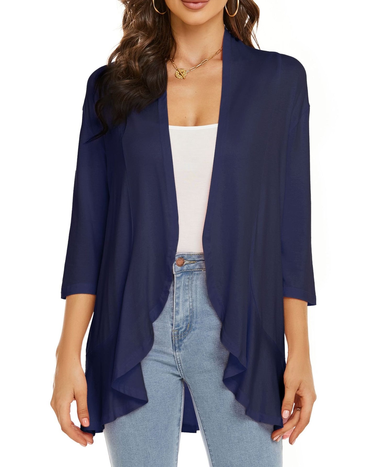 Lightweight Open Front Cardigan – Soft Rayon Blend, 3/4 Sleeve