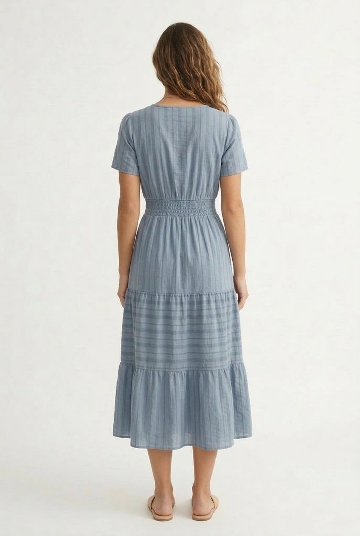 Smocked Waist Long Dress –  V-Neck, Puff Sleeves & Pockets