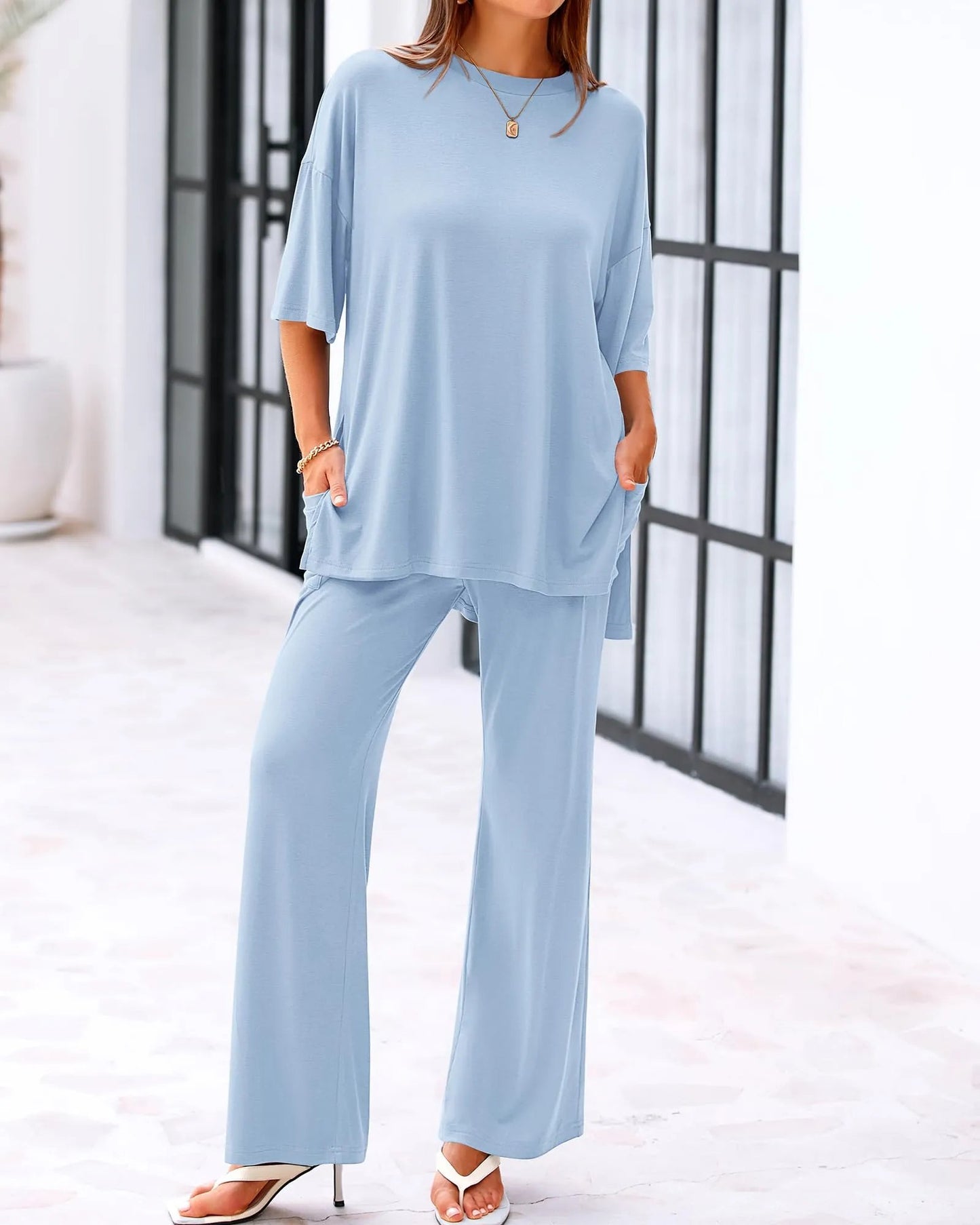 Loose-Fit 2-Piece Set – Short Sleeve Top & Wide-Leg Pants with Pockets
