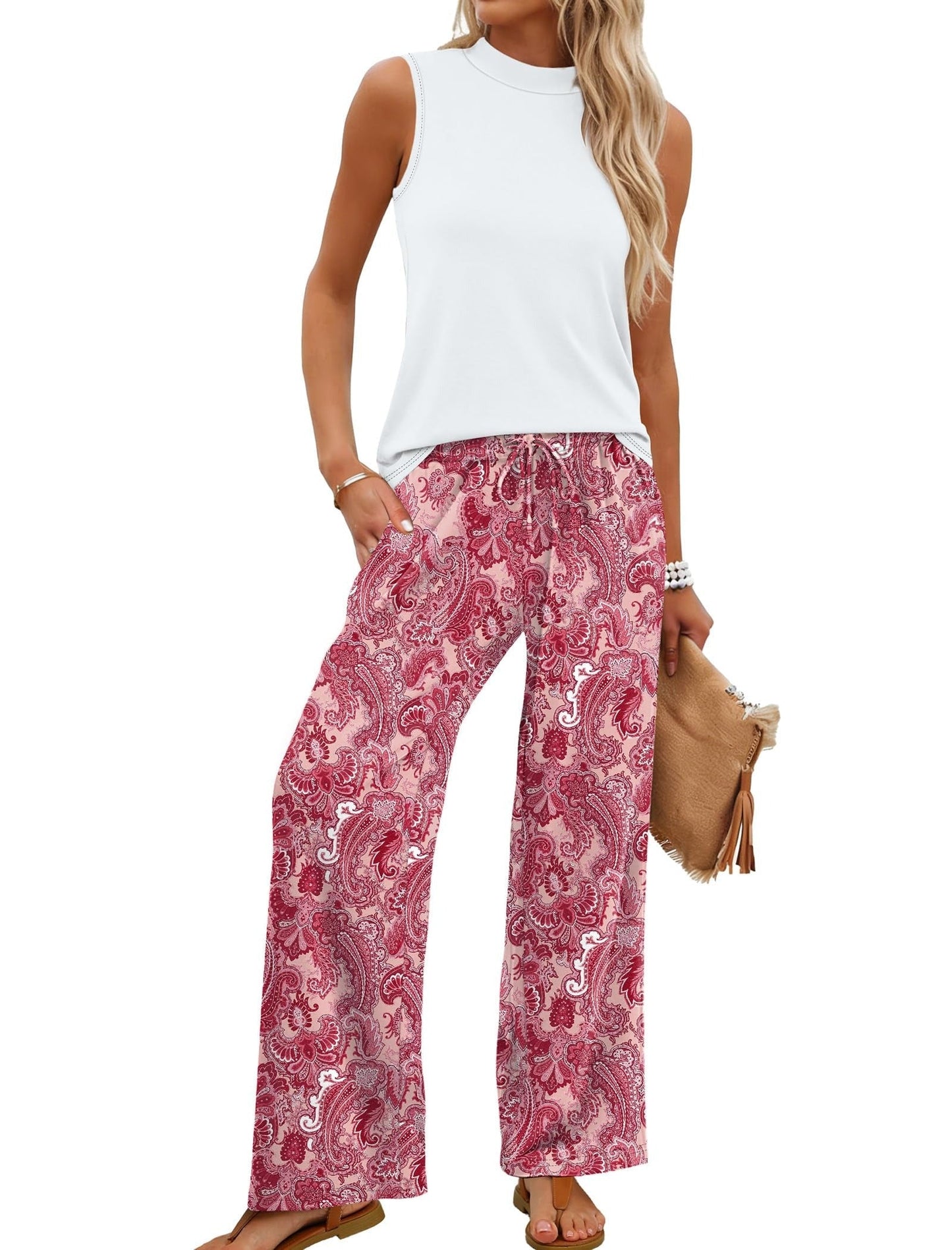 🌿🌿Limited time sale🔥Women's Mock Neck Tank & Printed Wide Leg Pants Set