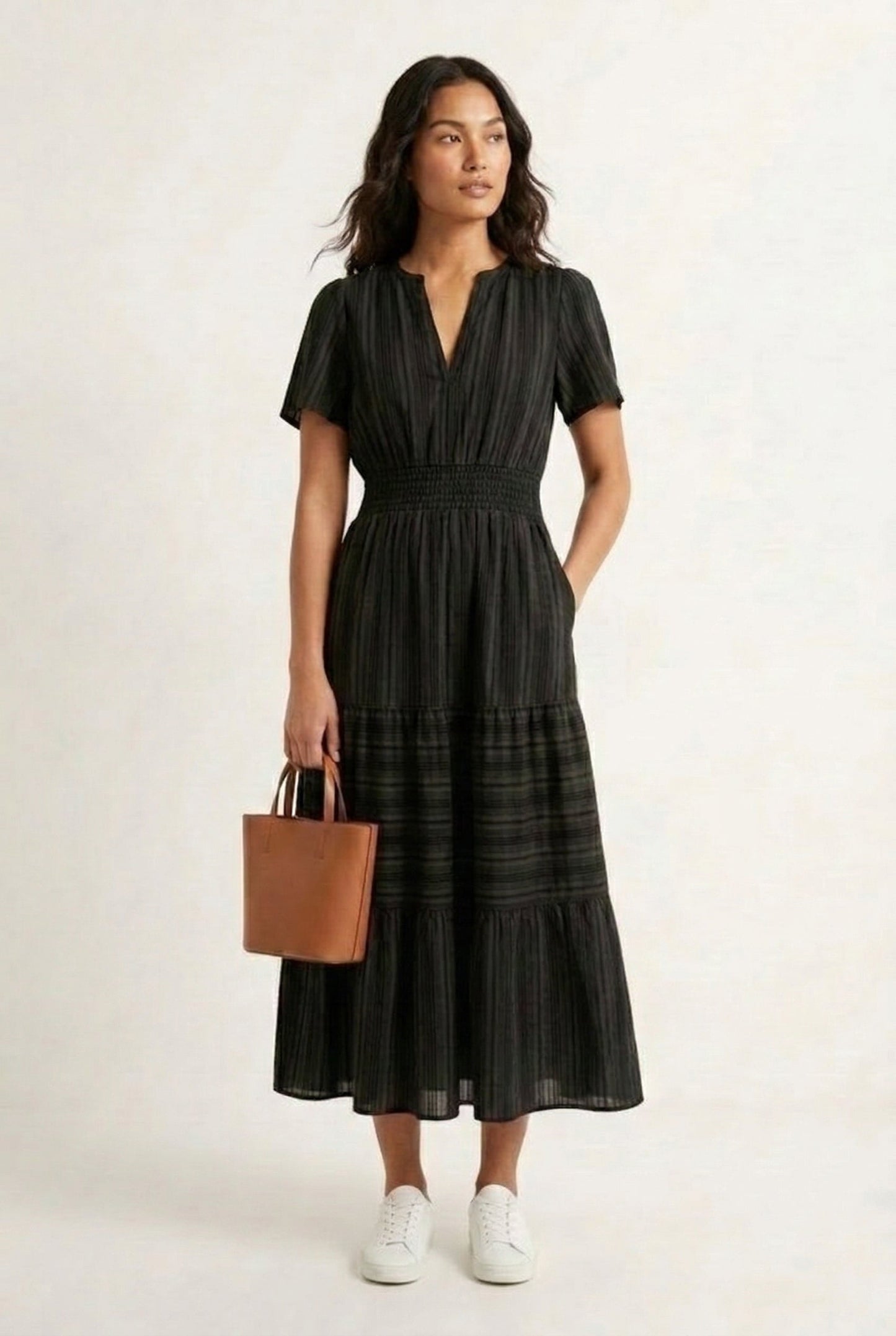 Smocked Waist Long Dress –  V-Neck, Puff Sleeves & Pockets