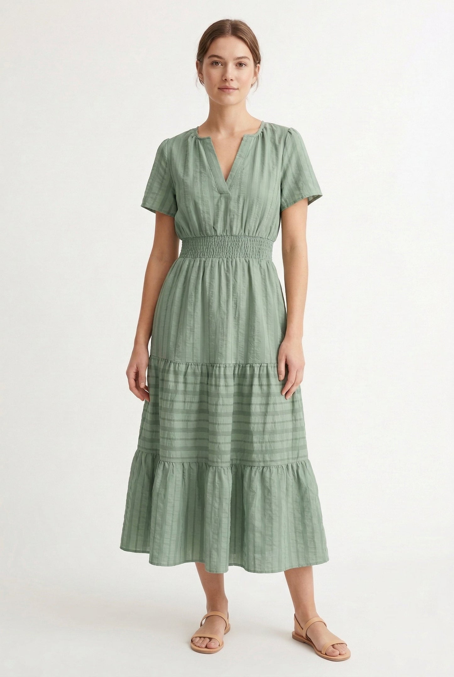 Smocked Waist Long Dress –  V-Neck, Puff Sleeves & Pockets