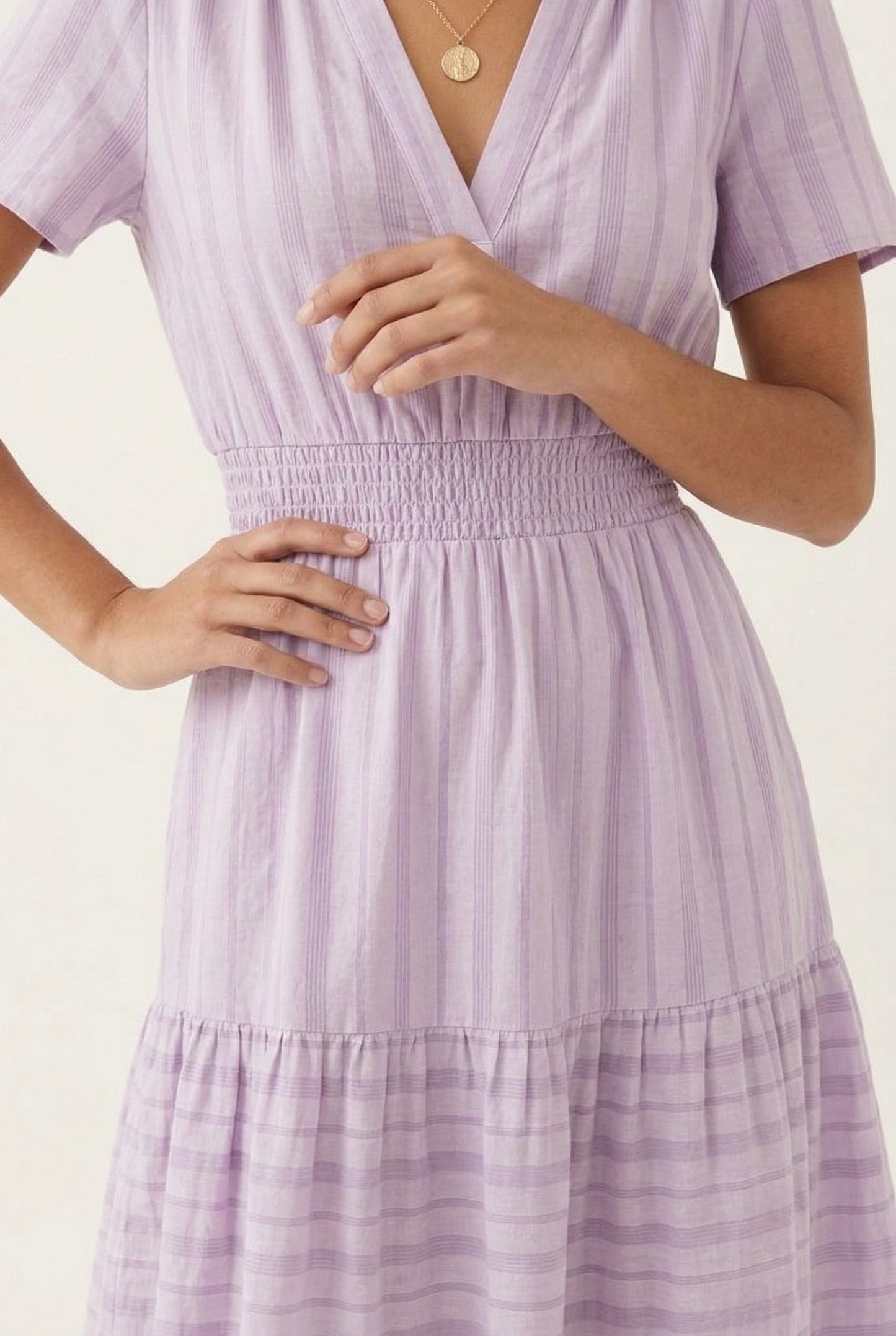 Smocked Waist Long Dress –  V-Neck, Puff Sleeves & Pockets