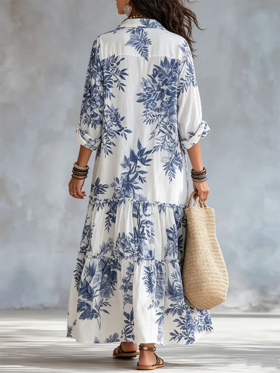 ✨Retro Boho Blue Floral Print Cotton Dress✨