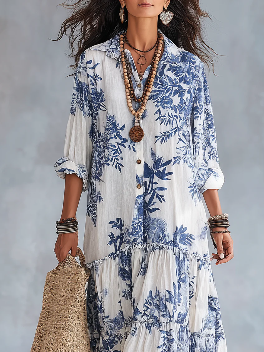 ✨Retro Boho Blue Floral Print Cotton Dress✨