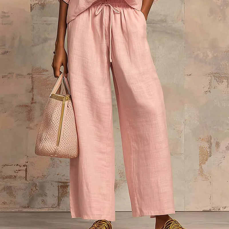 🔥Women's Solid 2-Piece Tracksuit Set with Puff Sleeves & Wide-Leg Pants