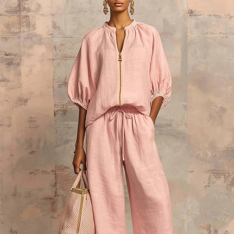 🔥Women's Solid 2-Piece Tracksuit Set with Puff Sleeves & Wide-Leg Pants