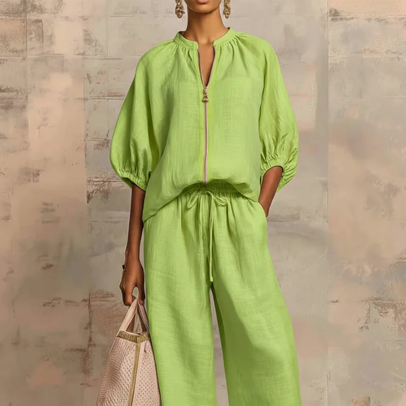 🔥Women's Solid 2-Piece Tracksuit Set with Puff Sleeves & Wide-Leg Pants