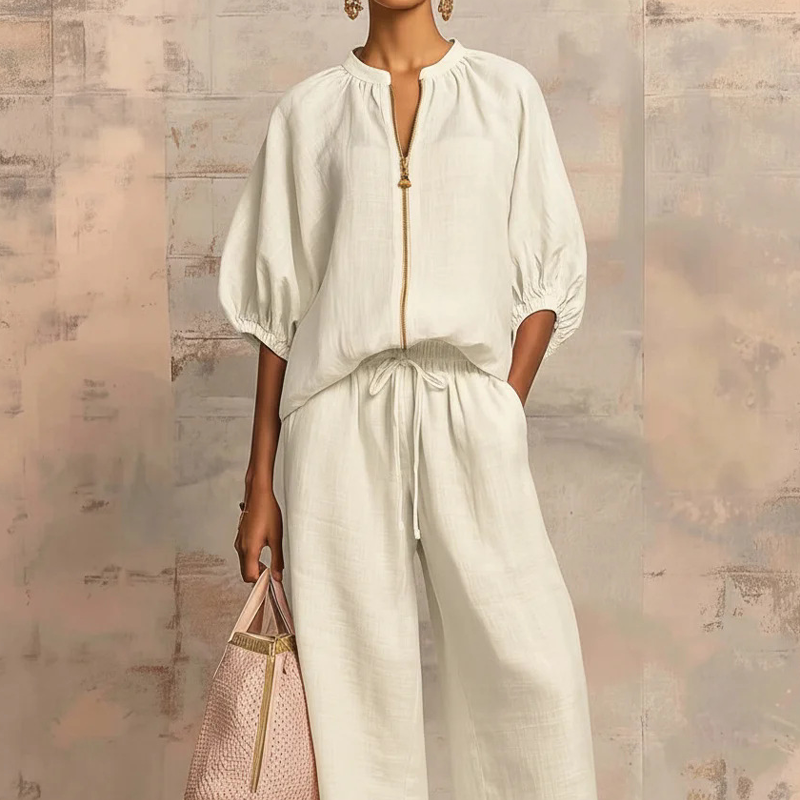 🔥Women's Solid 2-Piece Tracksuit Set with Puff Sleeves & Wide-Leg Pants