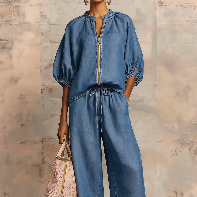 🔥Women's Solid 2-Piece Tracksuit Set with Puff Sleeves & Wide-Leg Pants