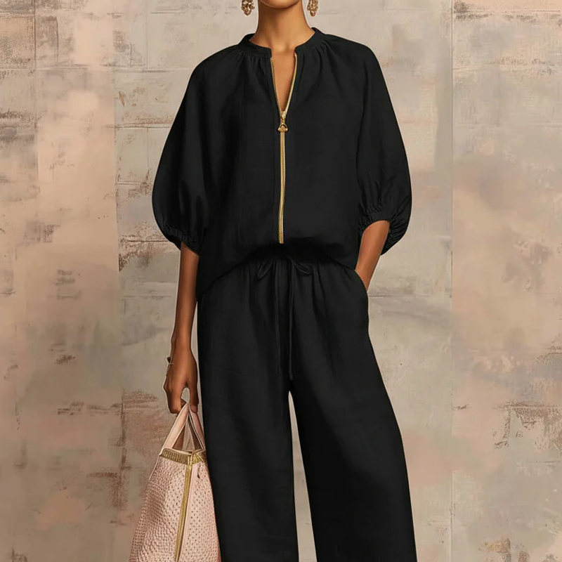 🔥Women's Solid 2-Piece Tracksuit Set with Puff Sleeves & Wide-Leg Pants