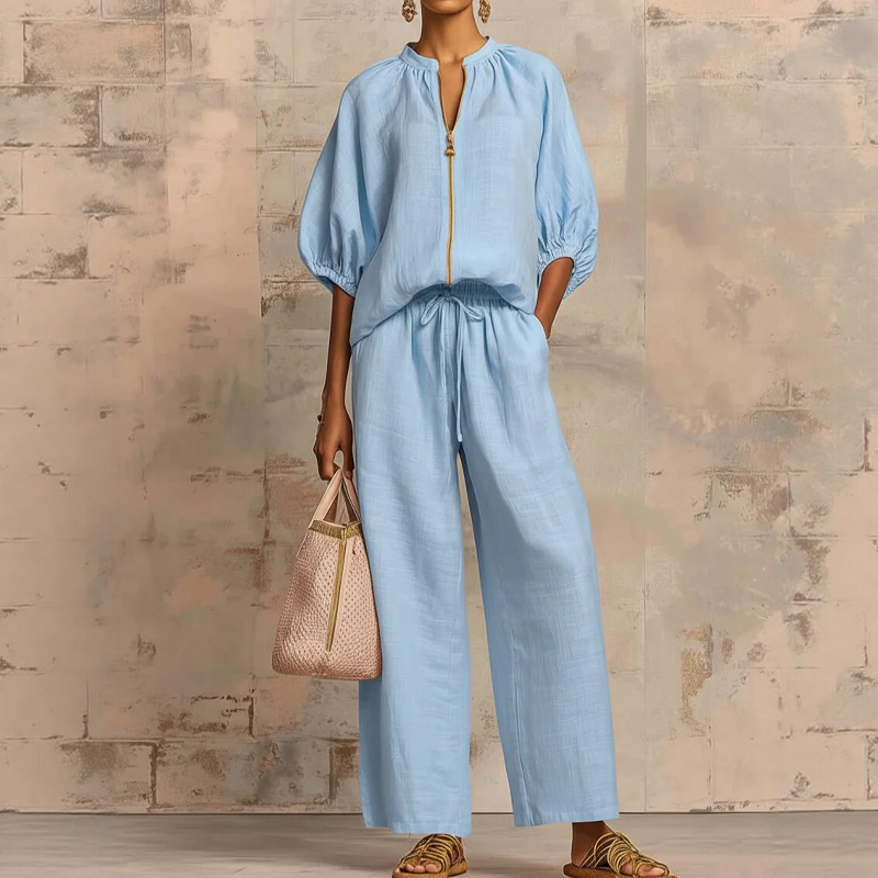 🔥Women's Solid 2-Piece Tracksuit Set with Puff Sleeves & Wide-Leg Pants