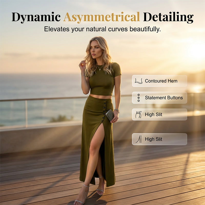 ✨Women's Short Sleeve Top and Slit Midi Skirt Set
