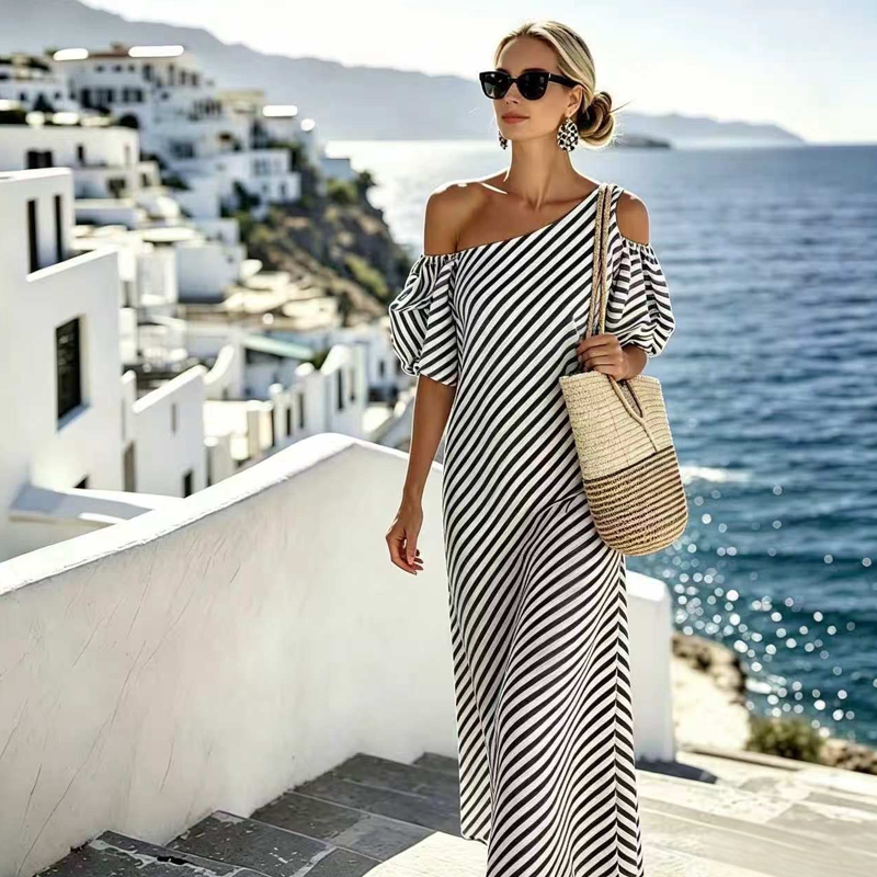 ✨Women's Elegant Striped Off Shoulder Dress